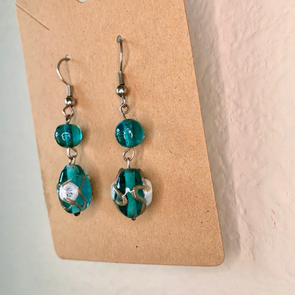 Green Bead with Gold Accent Drop Earrings - Picture 4 of 8